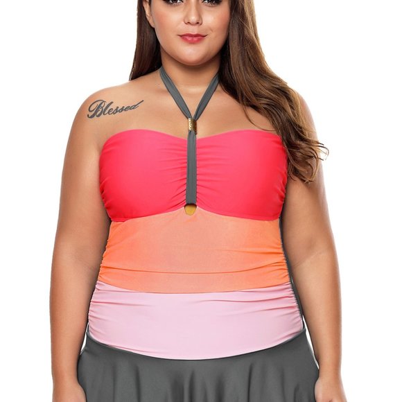 Orange Color Gradient Sweet Halter Swimdress - Picture 3 of 10